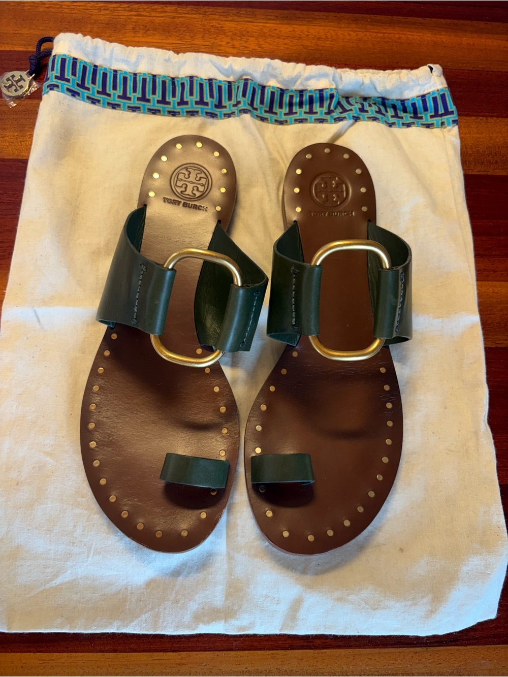 Tory Burch Brannan Studded Sandals in Olive Green Leather with Gold Hardware - Picture 3 of 14